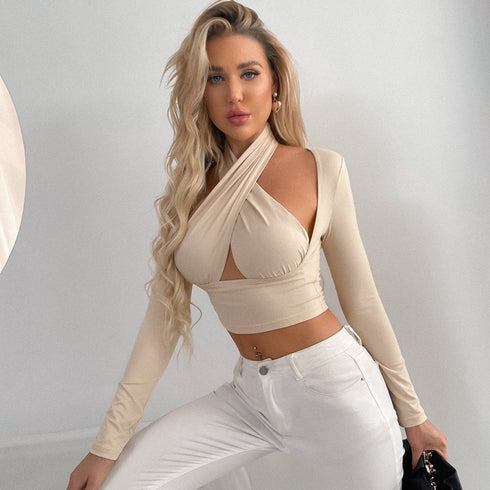 Cross-Neck Loose T-Shirt With Shoulder Sleeves Hollow Top